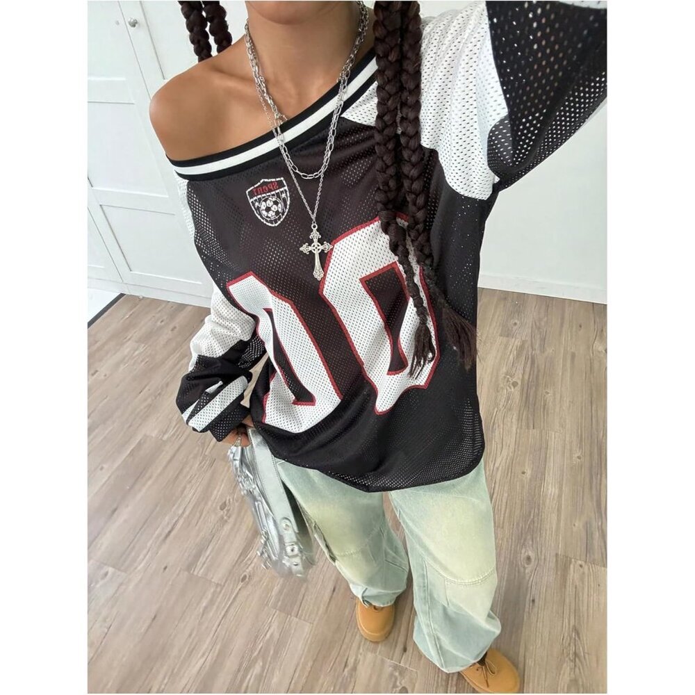 Y2K Mesh Jersey Shirt Women's Oversized Long Sleeve Graphic Tee Casual - Picture 6 of 6